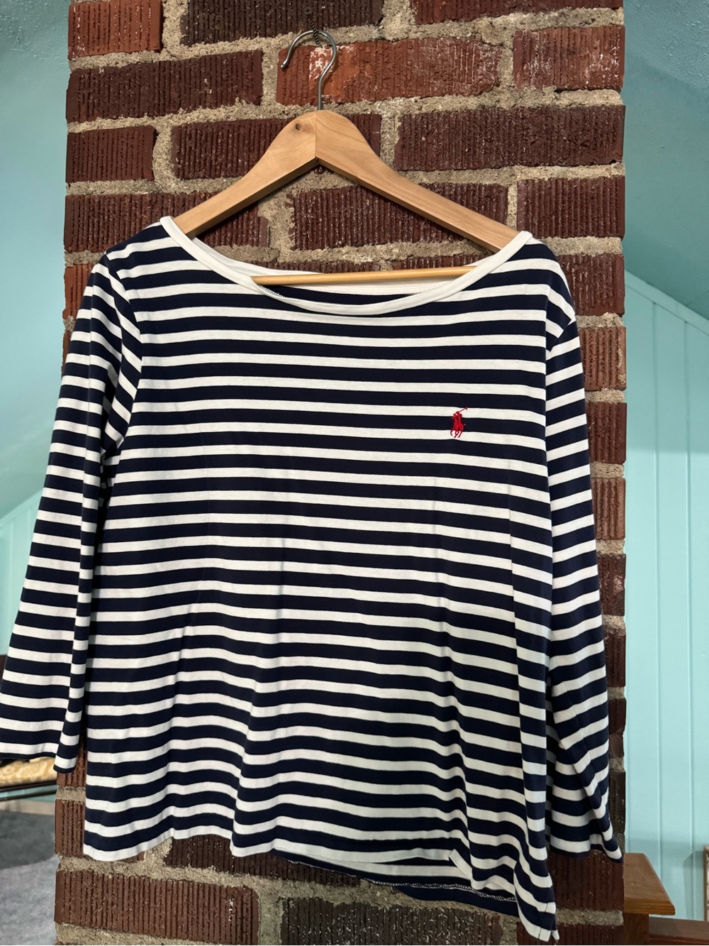 Polo by Ralph Lauren Navy and White Striped Boatneck Top with Red Pony
